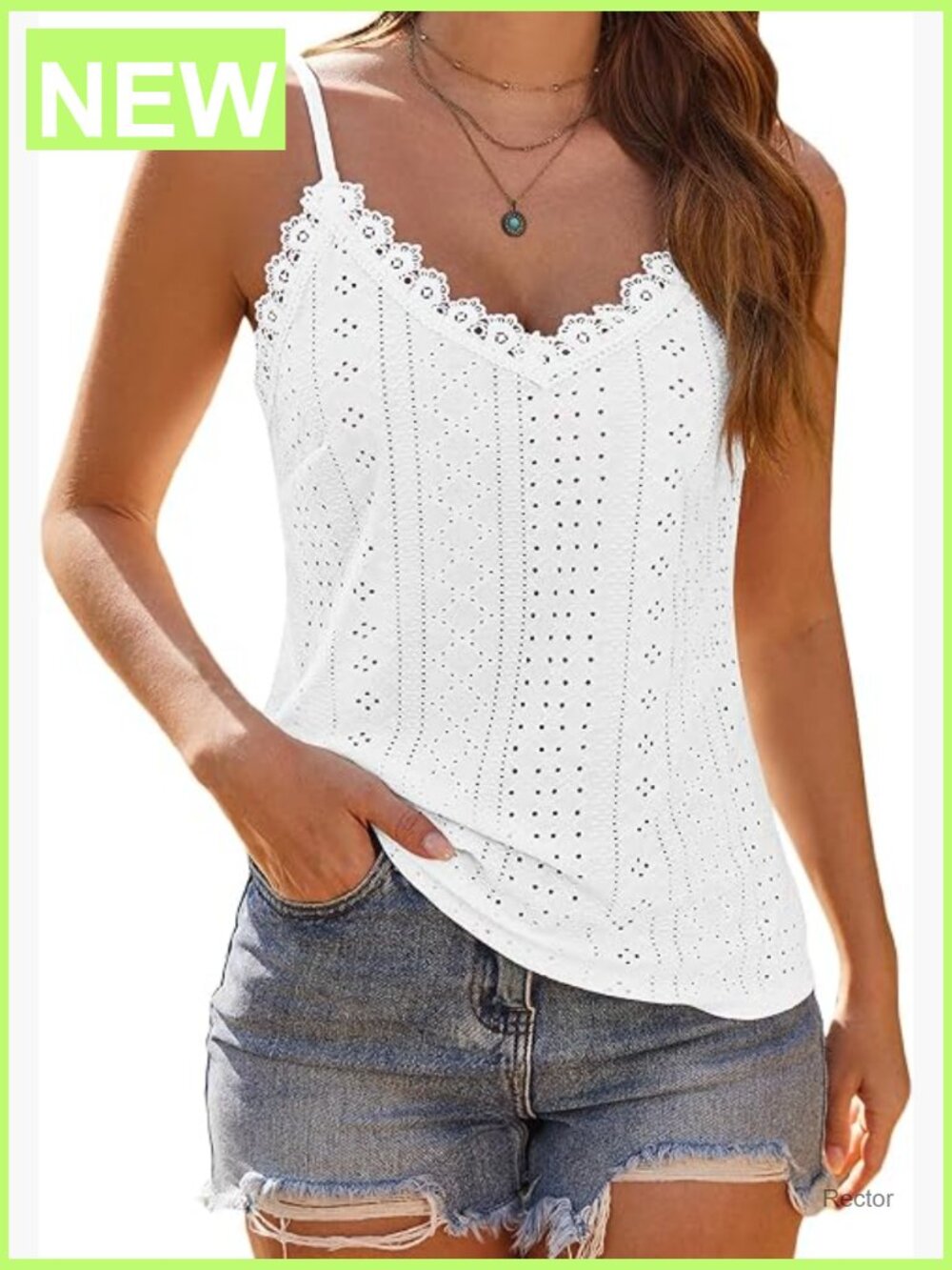 V Neck Spaghetti Strap Tank Top Sleeveless Blouse Loose Fit Eyelet Embroidered - Picture 1 of 7